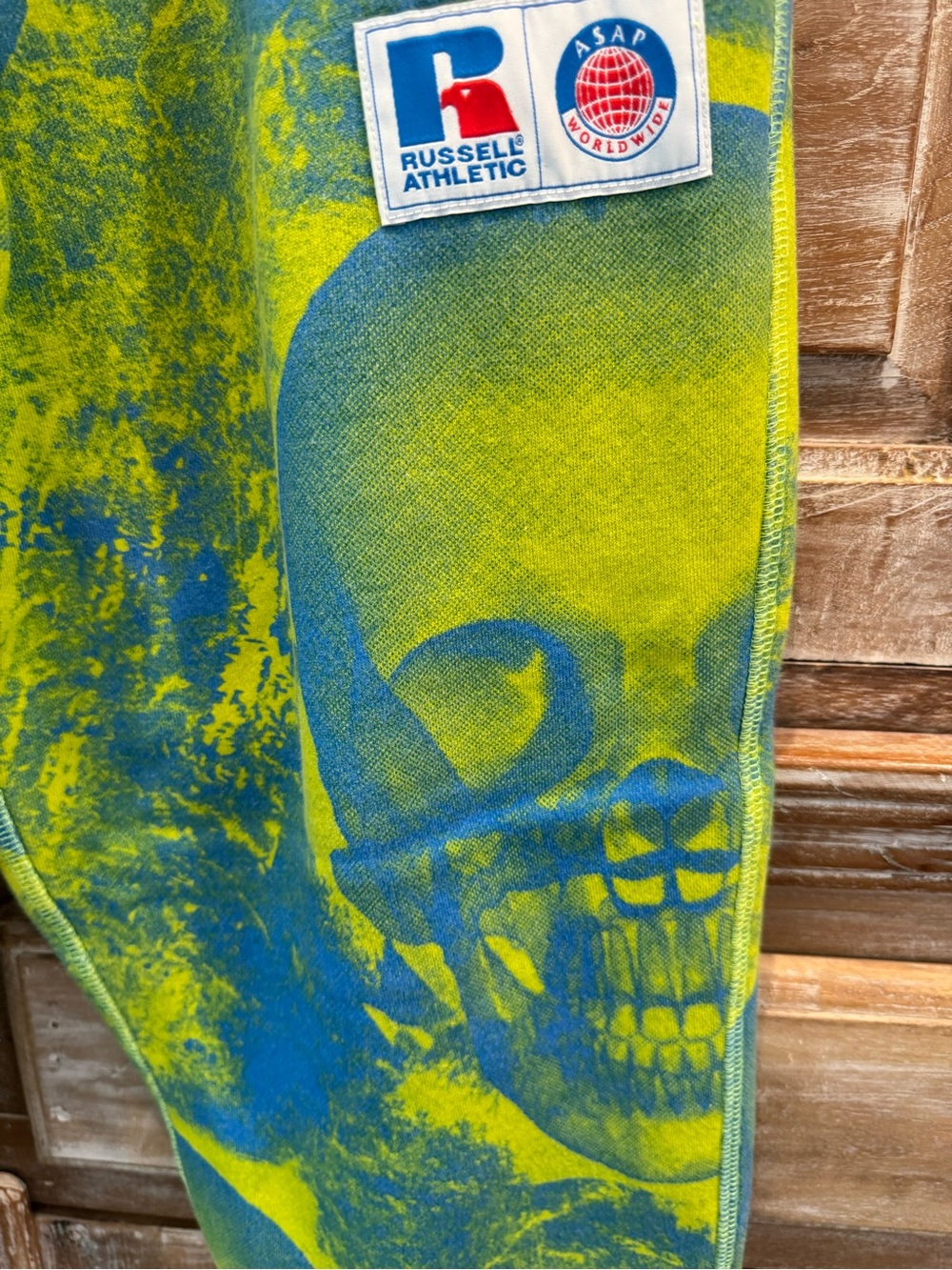 Russell Athletic Blue and Yellow Skull Print Sweatpants Drawstring Cropped - Picture 2 of 8